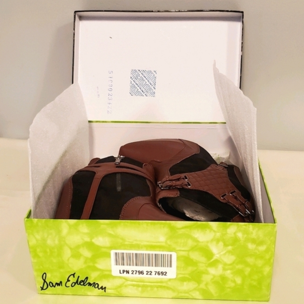 Sam Edelman Brown & Black Buckle Harness Zoe Leather Suede Wedge Ankle Boots sz9 - Picture 4 of 15